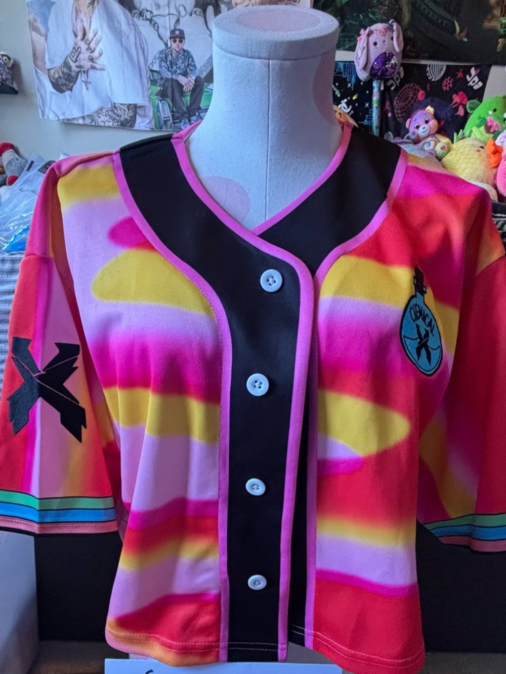 Vibrant Pink & Yellow Graphic Button-Up Baseball Jersey
